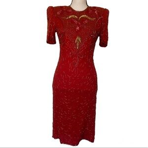 Beaded Red Silk Dress Vintage Jakelin Design Size Small